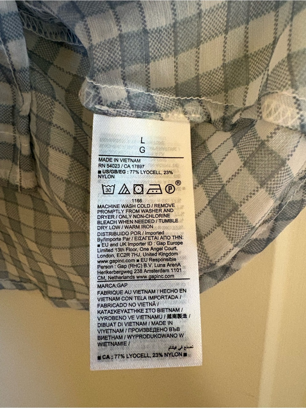 GAP sheer peplum button-front top, blue and white check, size L, NWT - Picture 9 of 9